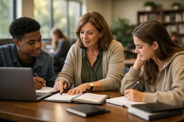 Leerlingen in de studiezaal met een begeleider