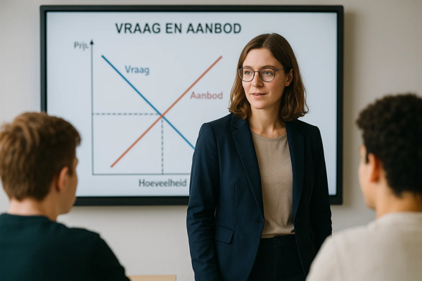 Docent in een voorbeeldklasje met tekst op het bord